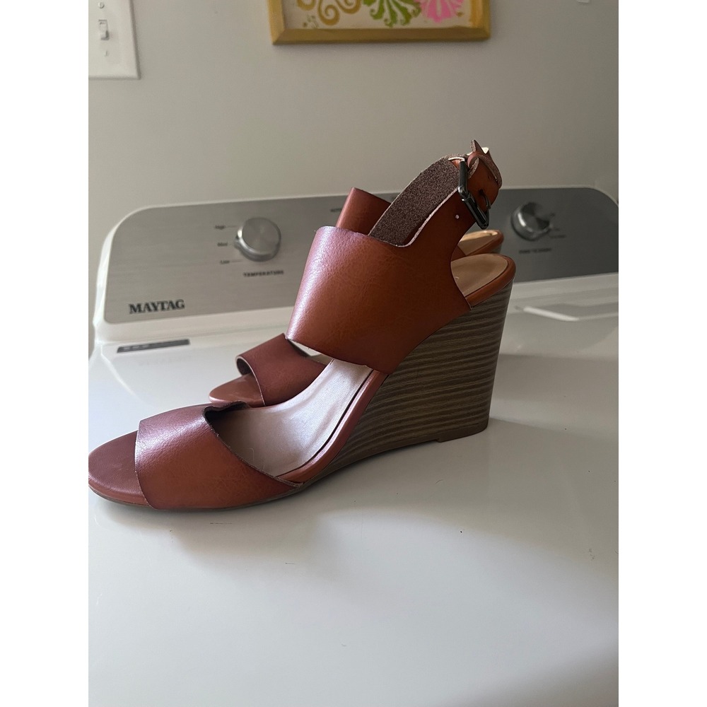 Womens Cognac Brown Faux Leather Wedge Sandals Ankle Strap Open Toe Size 8